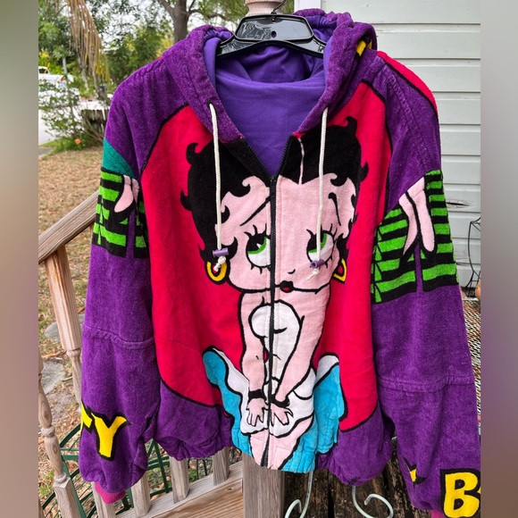 Betty Boop Terry Cloth Jacket Hoodie Sz XL XXL Red Purple Blue RARE Vintage 80s